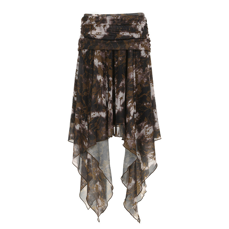 Leopard Print Mesh Pleated Skirt With Irregular Hem-Brown-Theone Apparel
