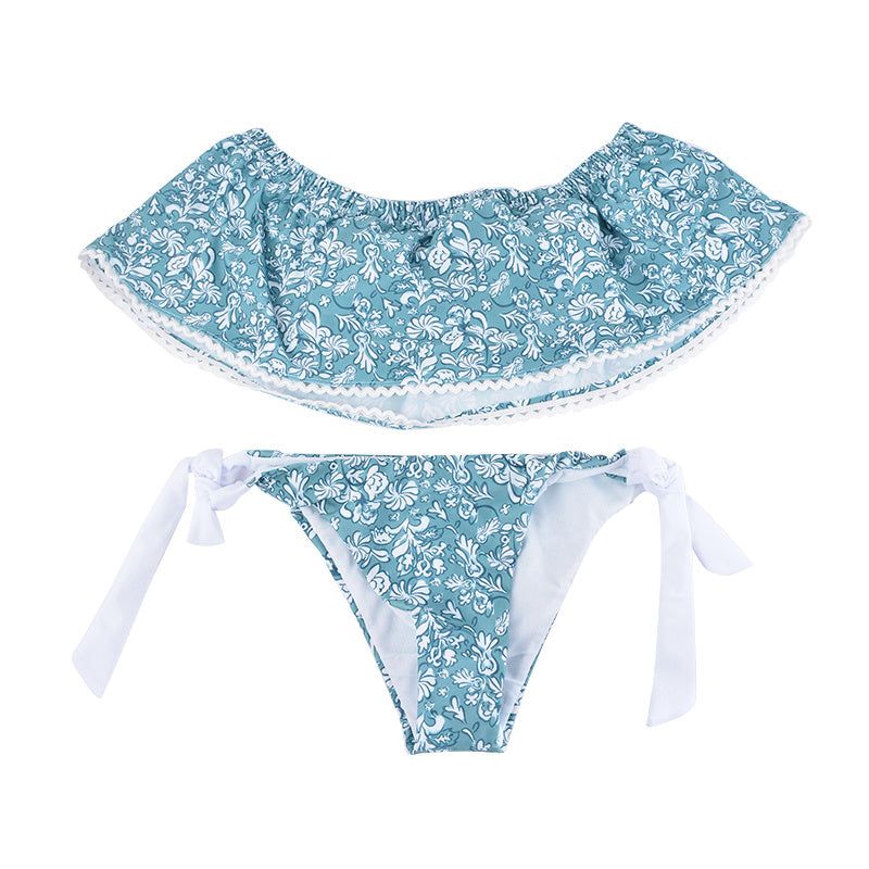 Light Blue Floral Off-Shoulder Slit Bikini Beach Ensemble-Theone Apparel