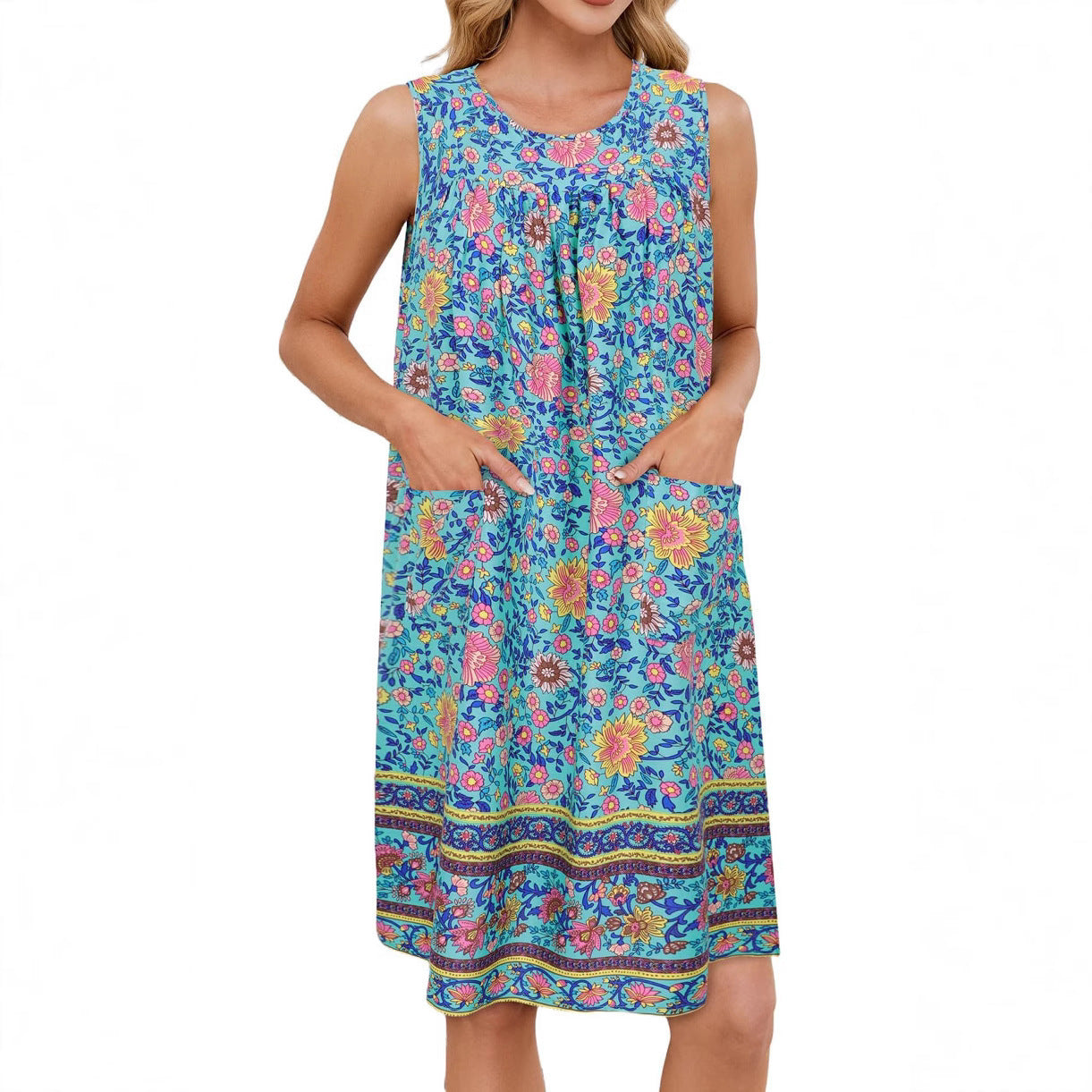 Light Green Floral Dress with Pockets and Chic Vibe-Theone Apparel