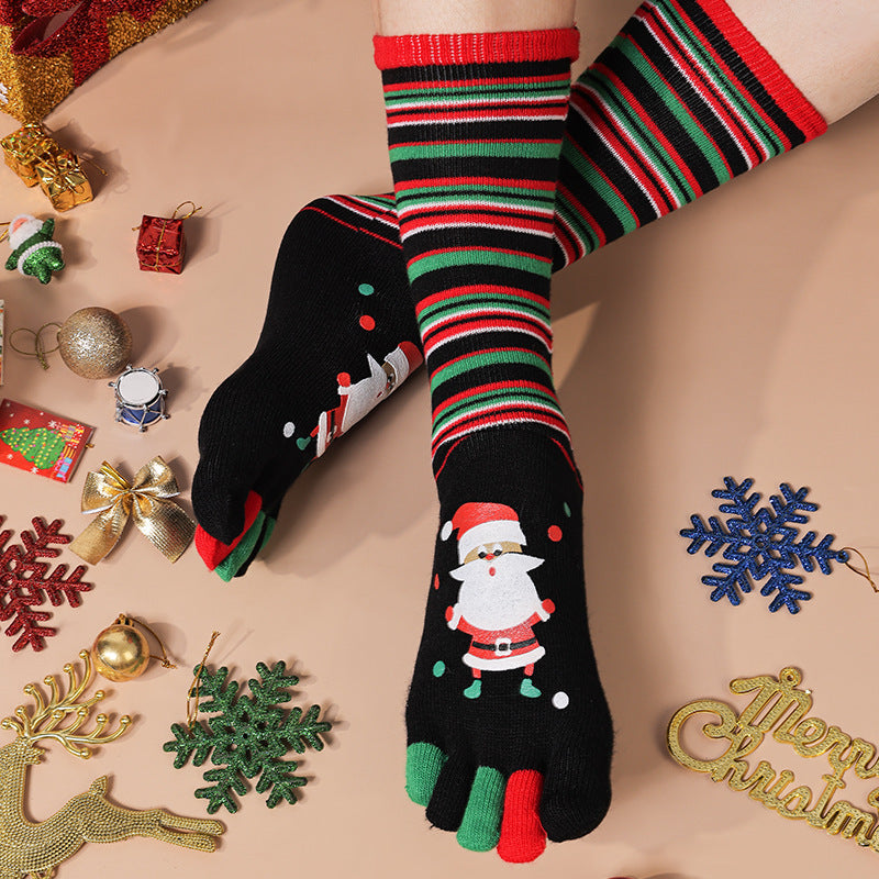 Lightweight Soft Crew Socks with Five Toes in Christmas Patterns-Black Stripe-Theone Apparel