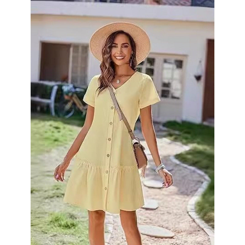 Loose Cotton-Linen Summer Dress for Breezy Casual Comfort-Yellow-Theone Apparel