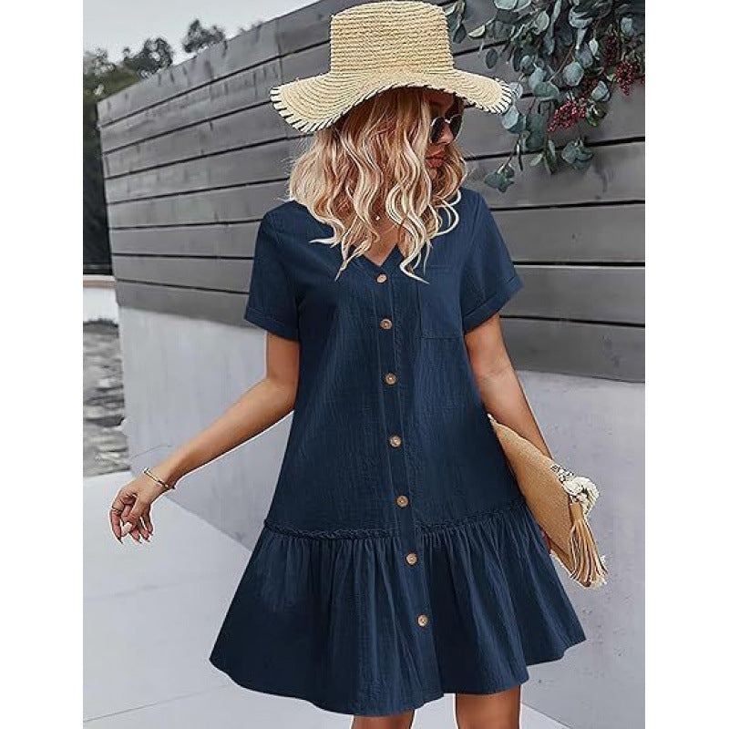 Loose Cotton-Linen Summer Dress for Breezy Casual Comfort-Dark Blue-Theone Apparel