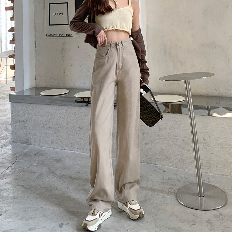 Loose Wide-Leg High-Waist Jeans for Relaxed Urban Style-Khaki-Theone Apparel