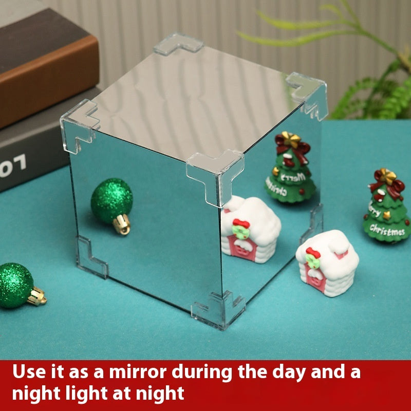 Mirrored Glass Cube Light-Up Snowman & Snowy Tree Tabletop Christmas Decoration-Theone Apparel