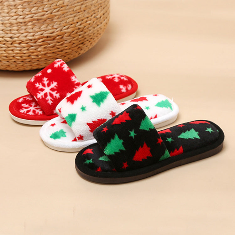 Multicolor Christmas Themed Fleece Open Toed House Shoes-Theone Apparel