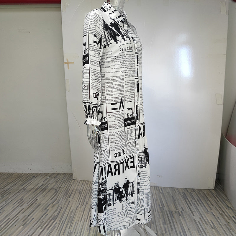 Newspaper Print Shirt Dress with Relaxed Button-Down Appeal-Theone Apparel