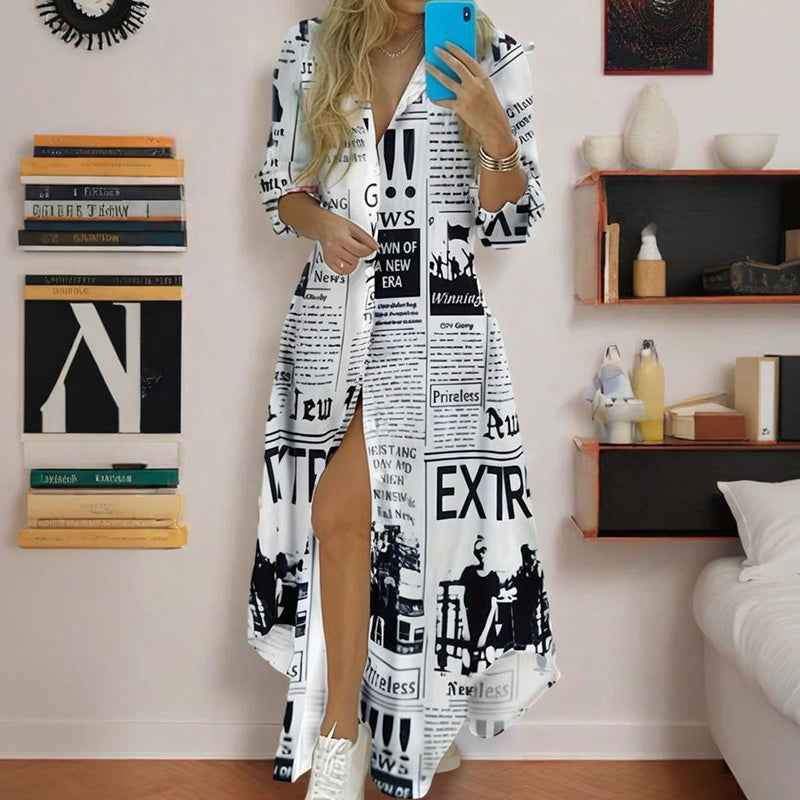 Newspaper Print Shirt Dress with Relaxed Button-Down Appeal-White-Theone Apparel