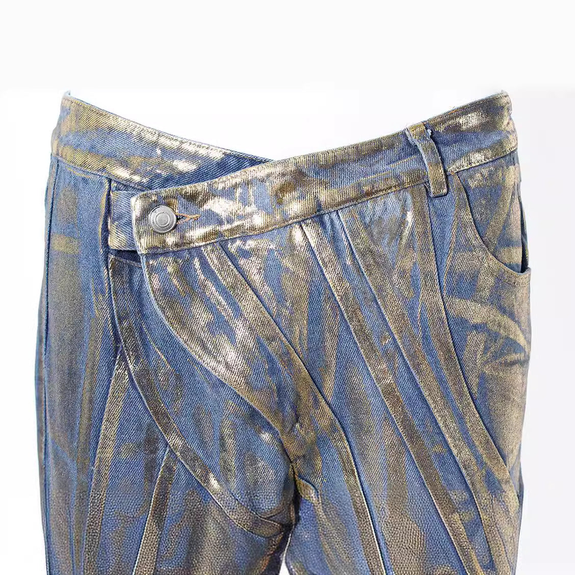 Gilded Slant-Buckle Jeans with Silver Brush Detailing