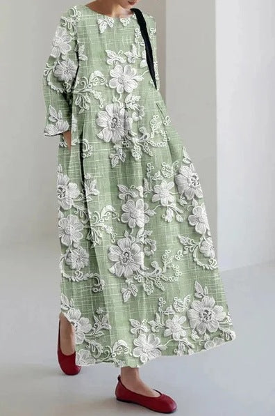 Vestido floral criativo de manga de três quartos com silhueta relaxada