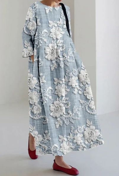 Vestido floral criativo de manga de três quartos com silhueta relaxada