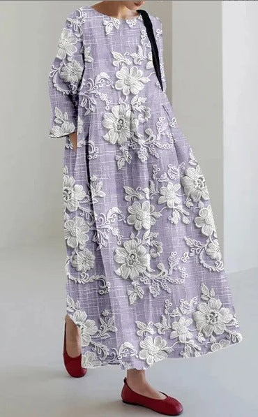 Vestido floral criativo de manga de três quartos com silhueta relaxada