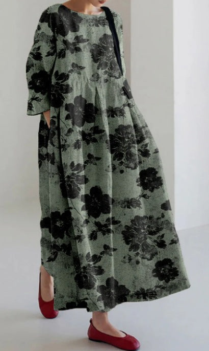 Vestido floral criativo de manga de três quartos com silhueta relaxada