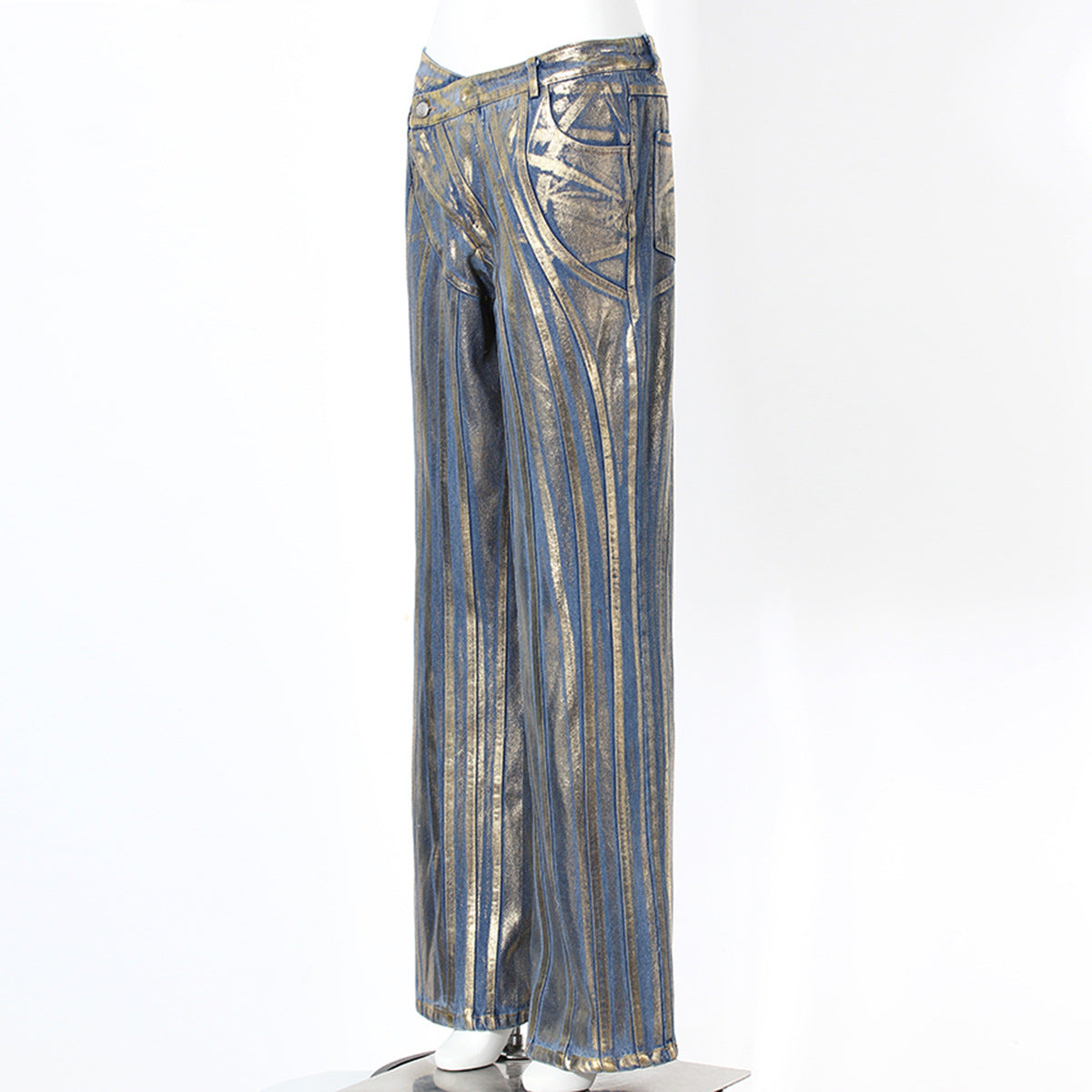 Gilded Slant-Buckle Jeans with Silver Brush Detailing