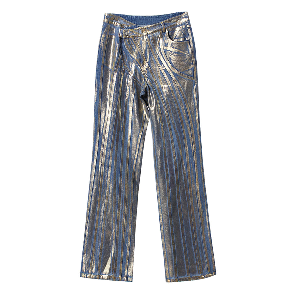 Gilded Slant-Buckle Jeans with Silver Brush Detailing