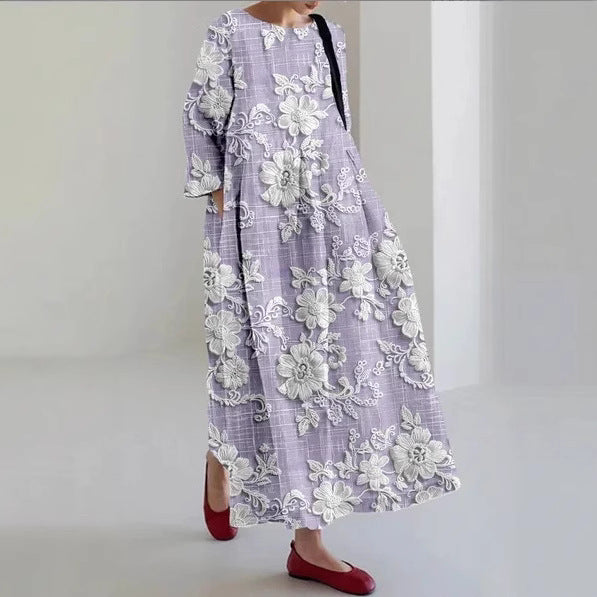 Vestido floral criativo de manga de três quartos com silhueta relaxada