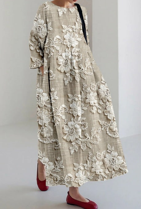 Vestido floral criativo de manga de três quartos com silhueta relaxada