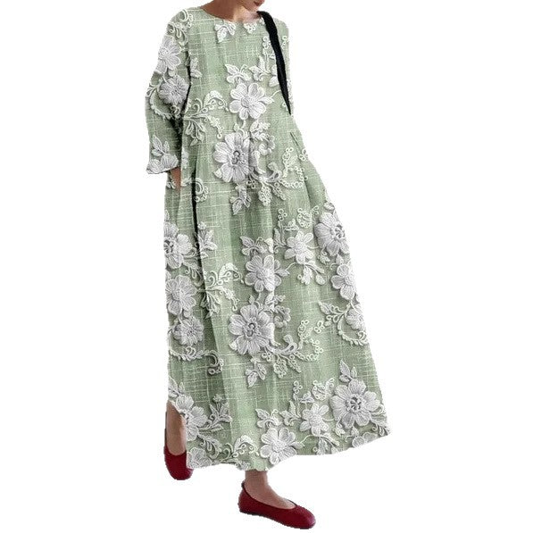 Vestido floral criativo de manga de três quartos com silhueta relaxada