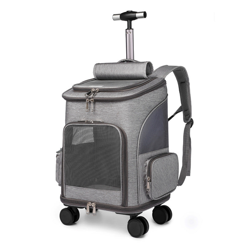 Portable Folding Trolley Pet Backpack With Smooth Rolling Wheels-Light Grey-Theone Apparel