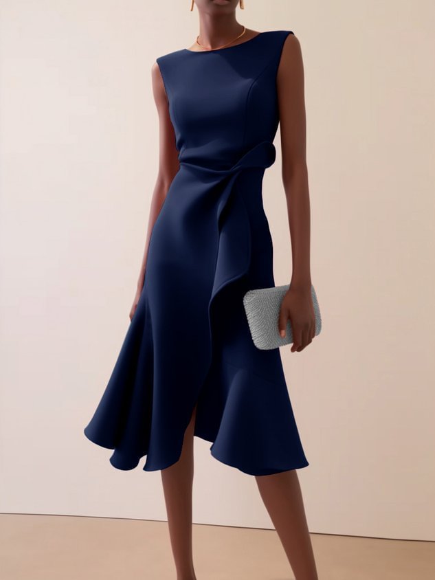 Red Sleeveless Round-Neck Dress with Elegant Temperament-Navy Blue-Theone Apparel