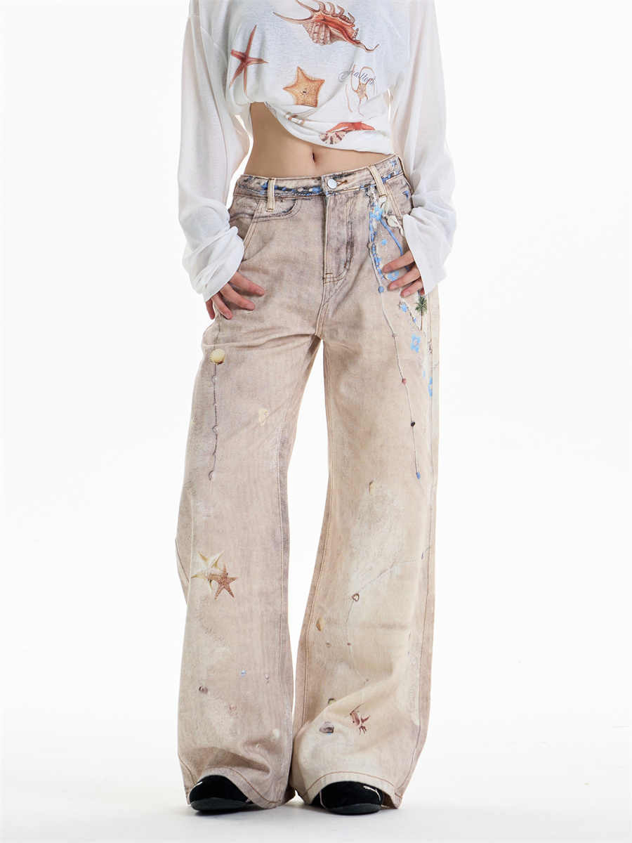 Retro Chain Print Straight-Leg Jeans with Vintage Finish-Theone Apparel