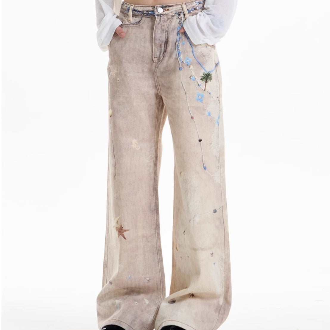 Retro Chain Print Straight-Leg Jeans with Vintage Finish-Khaki-Theone Apparel