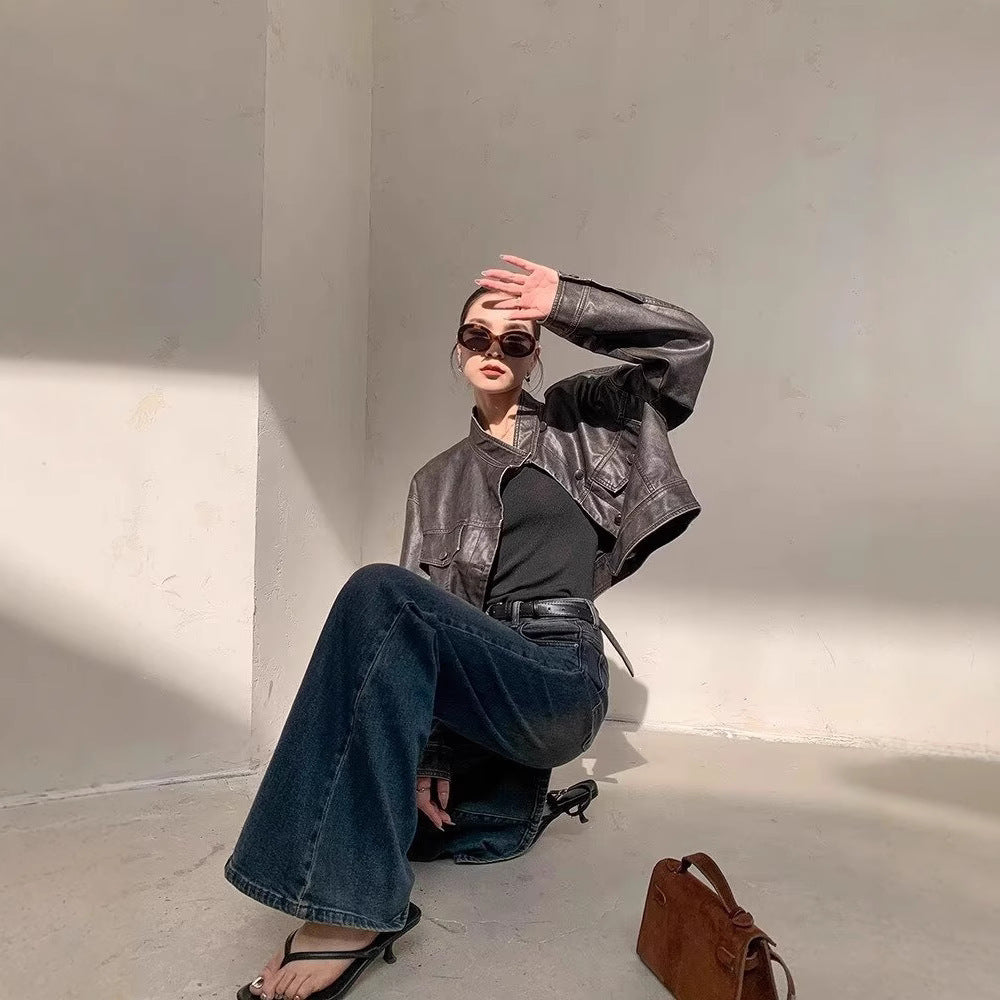 Retro Washed Blue Micro-Pull Mop Jeans for Casual Flair-Theone Apparel