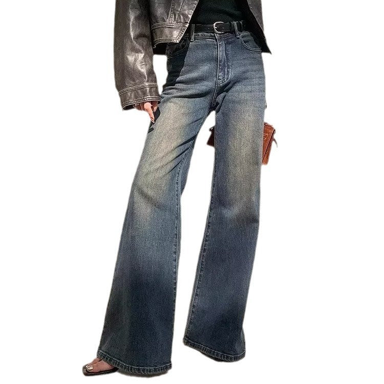 Retro Washed Blue Micro-Pull Mop Jeans for Casual Flair-Blue-Theone Apparel