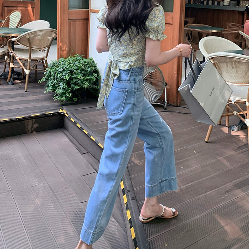 Retro Washed Nine-Point Straight Jeans for Summer Styling-Blue-Theone Apparel