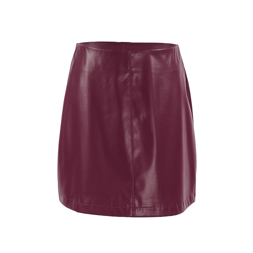Retro Wine Red Matte Leather Skirt For Bold Elegance-Theone Apparel
