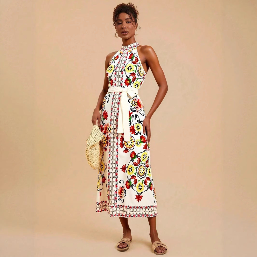 Romantic Floral Print Midi Dress with Lace-Up Sleeveless Accents-Theone Apparel