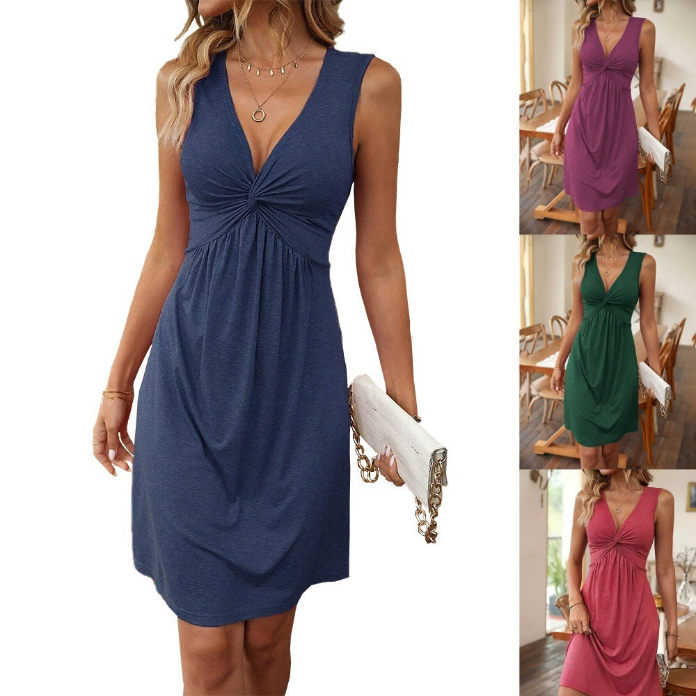 Sculpting V-Neck Pleated Bodycon Dress with Sleek Sleeveless Fit-Theone Apparel