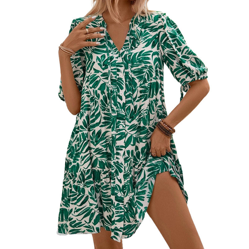 Seaside Green Leaves Holiday Dress with Breezy Resort-Ready Flair-Green-Theone Apparel