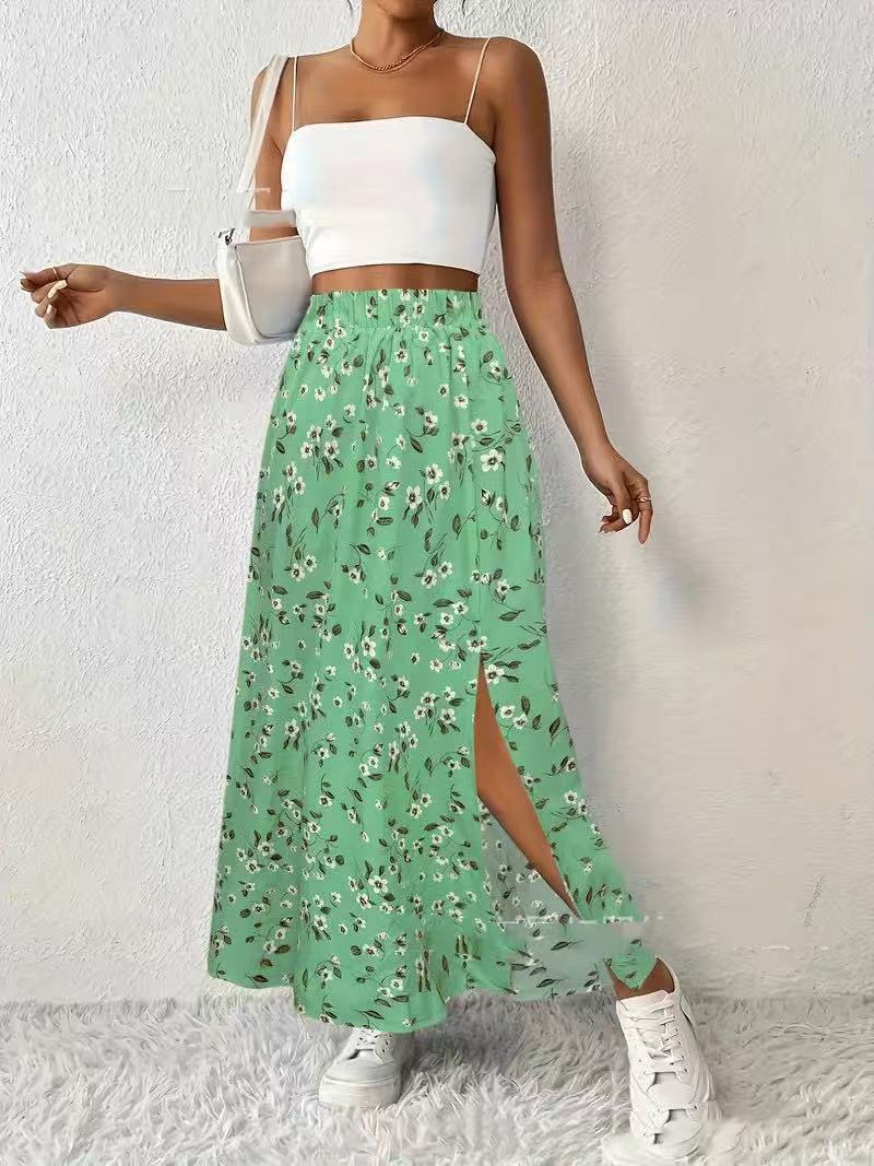 Side Slit Printed Skirt For Fashionable Everyday Wear-Light Green-Theone Apparel