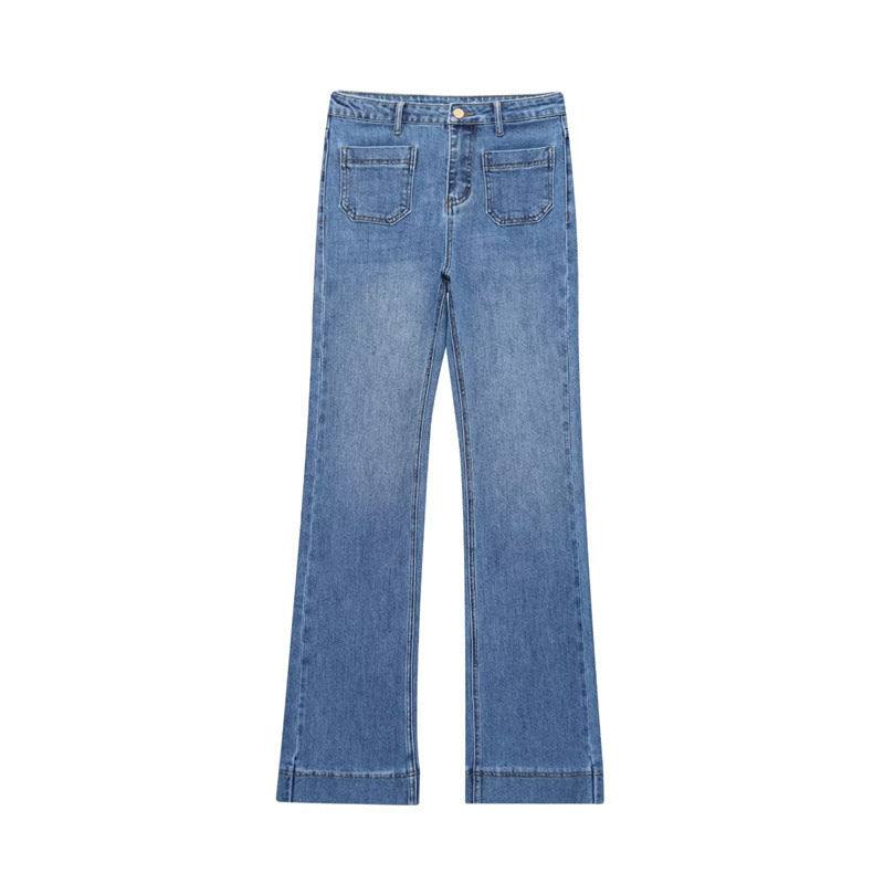 Simple Sticker Pocket Jeans with High-Waist Street Style-Blue-Theone Apparel