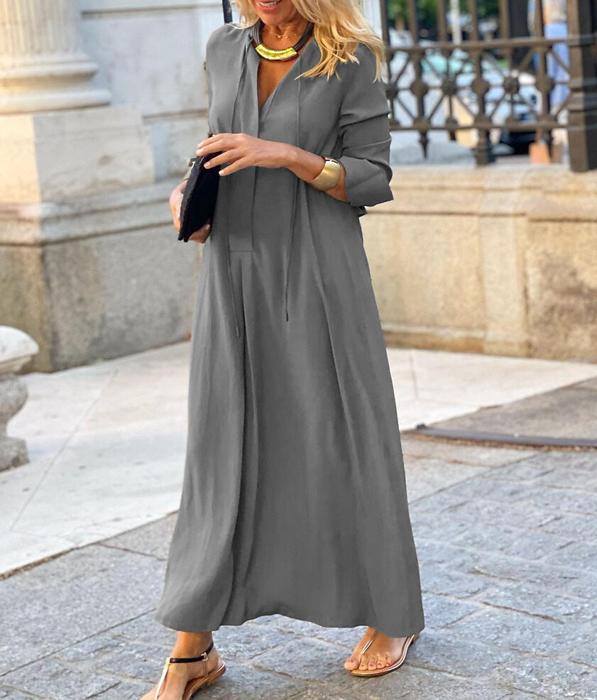 Simple V-Neck Long-Sleeve Dress in Solid Casual Comfort-Gray-Theone Apparel