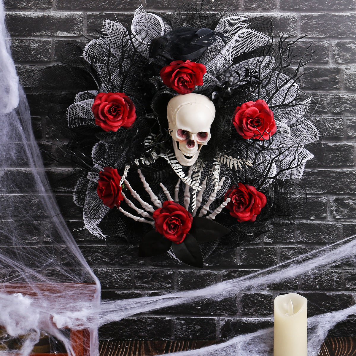 Skull and Roses Halloween Style Wreath in Red, Black and Gray-Theone Apparel