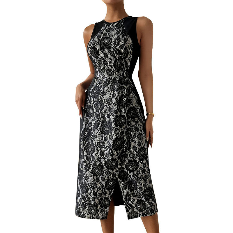 Sleek High-Waist Printed Sleeveless Dress with Flattering Effortless Elegance-Black-Theone Apparel