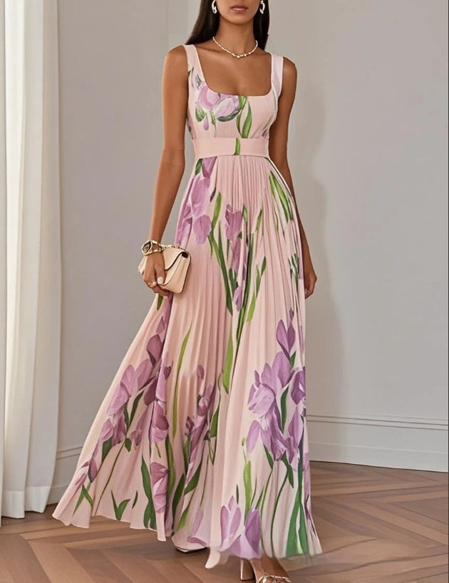 Sleeveless Pleated Printed Dress for Polished Formal Evening Affairs-Pink-Theone Apparel