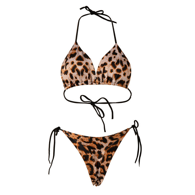 Solid Color Lace-Up Bikini with T-Back Chest Padding-Leopard-Theone Apparel