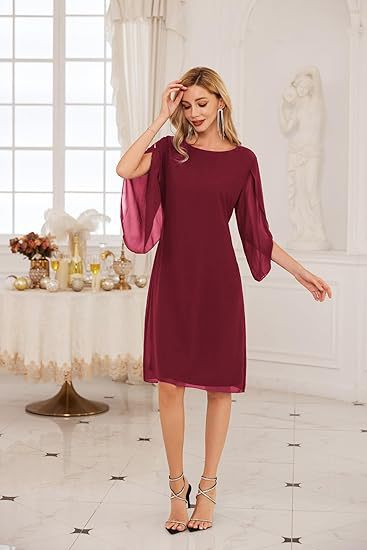 Sophisticated Irregular Sleeve Solid Chiffon Dress for Effortless Elegance-Maroon-Theone Apparel