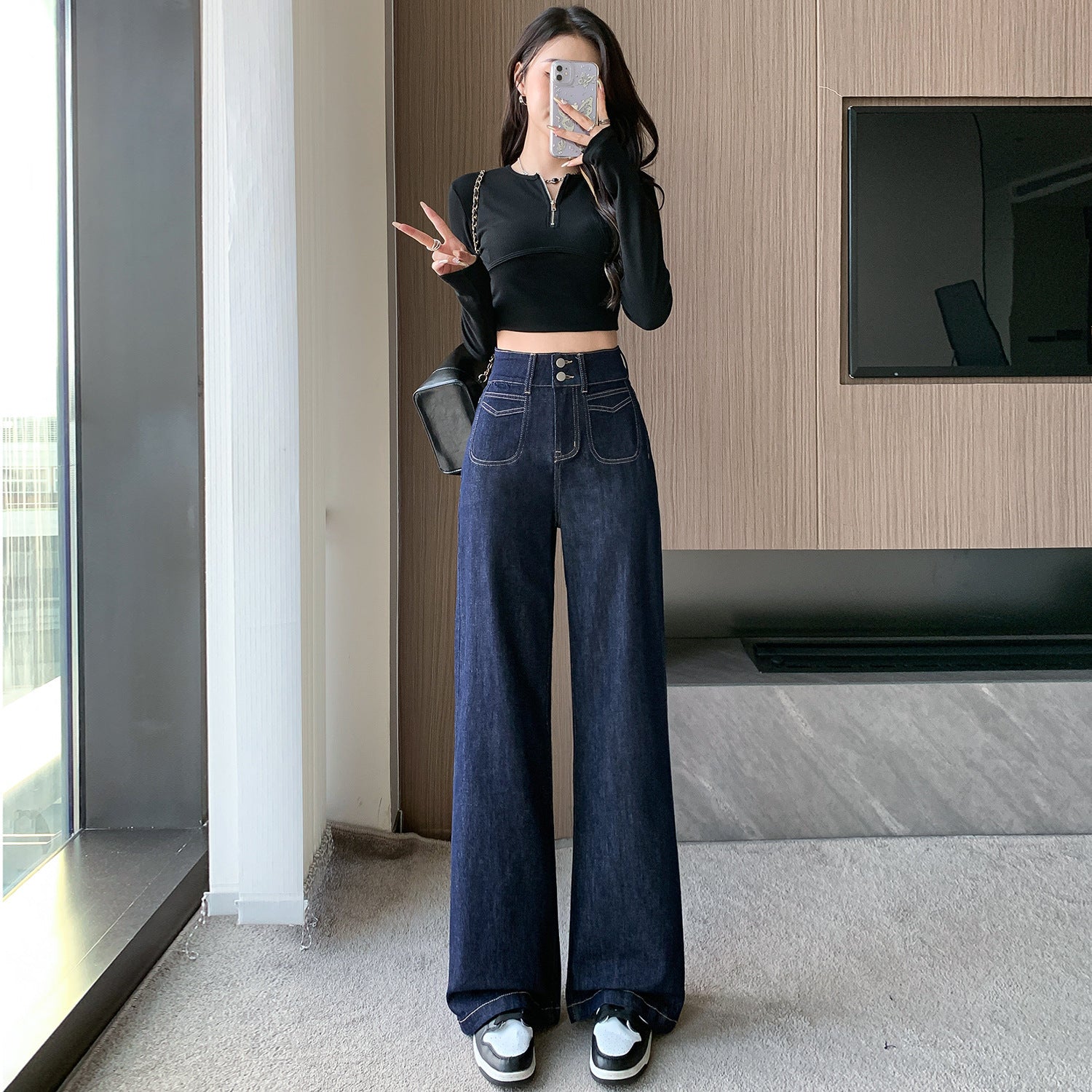 春/秋季復古的寬腿牛仔褲，小腰剪