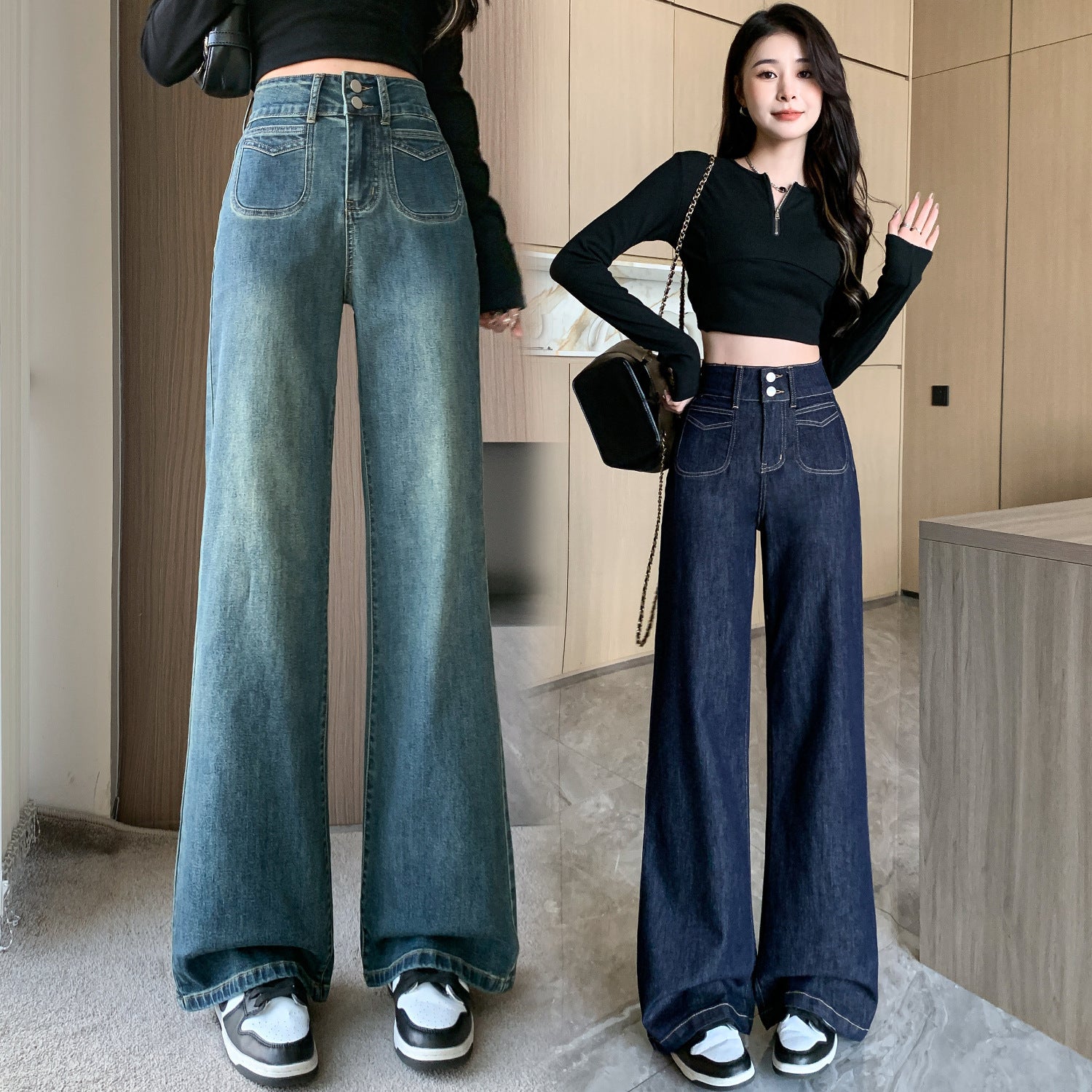 春/秋季復古的寬腿牛仔褲，小腰剪