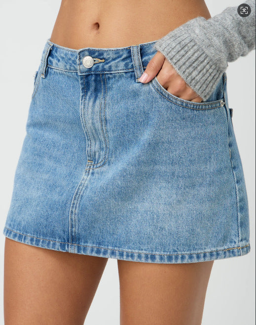 Stretch Washed Denim Short Skirt For Casual Comfort-Light Blue-S-THEONE APPAREL