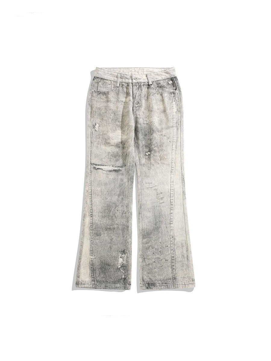 Tie-Dyed Worn Jeans with Slight Mop Hem and Vintage Holes-Theone Apparel
