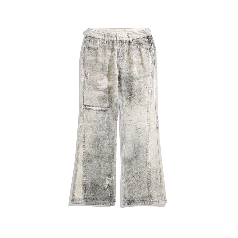 Tie-Dyed Worn Jeans with Slight Mop Hem and Vintage Holes-Gray-Theone Apparel