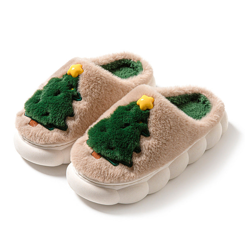 Ultra Plush and Soft Christmas Tree House Slippers with Traction Soles-Khaki-Theone Apparel