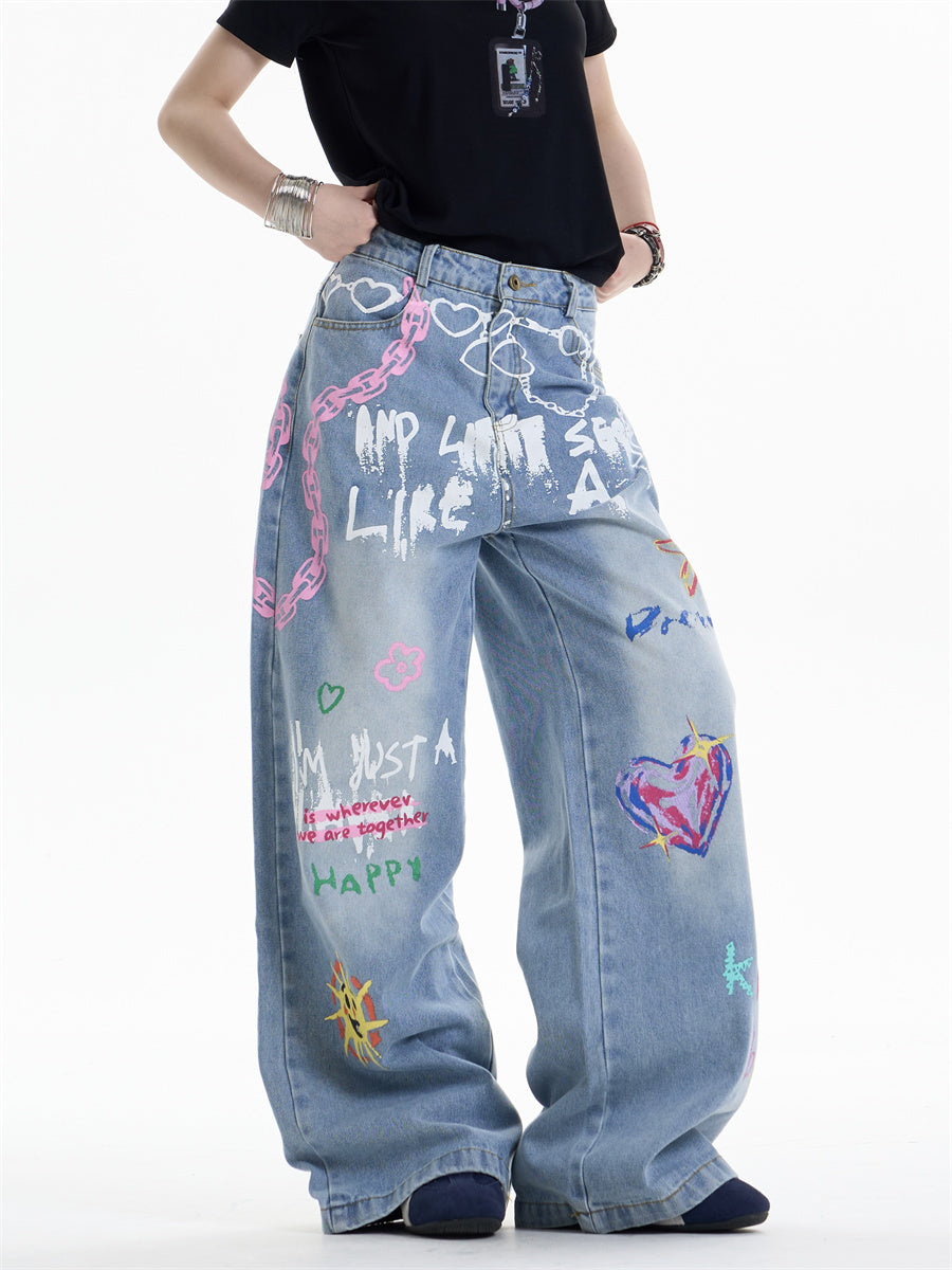 Waist Chain Print Wide-Leg Jeans for Bold Urban Edge-Blue-Theone Apparel