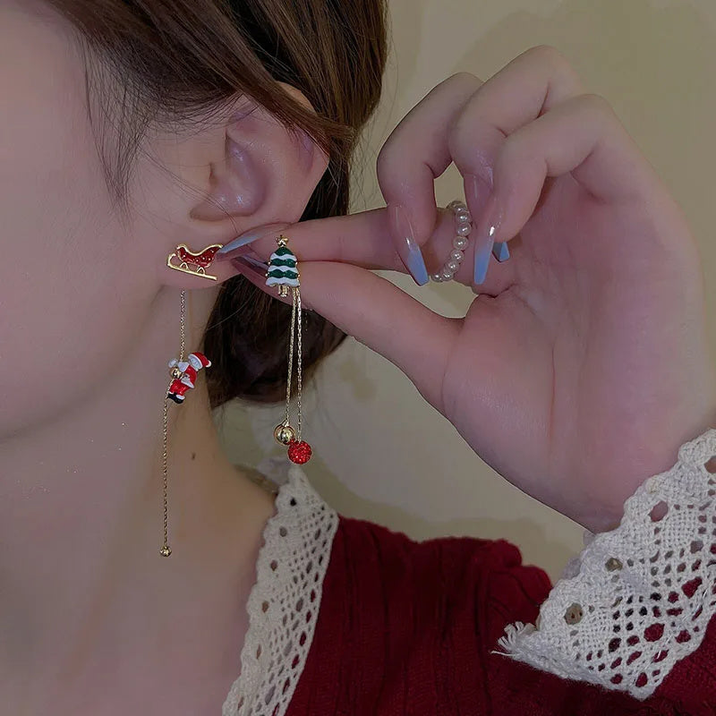 Whimsical Gold-Tone Christmas Holiday Party Climbing Santa Mismatch Long Dangle Earrings-Theone Apparel
