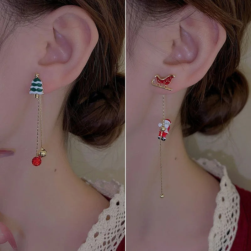 Whimsical Gold-Tone Christmas Holiday Party Climbing Santa Mismatch Long Dangle Earrings-Theone Apparel