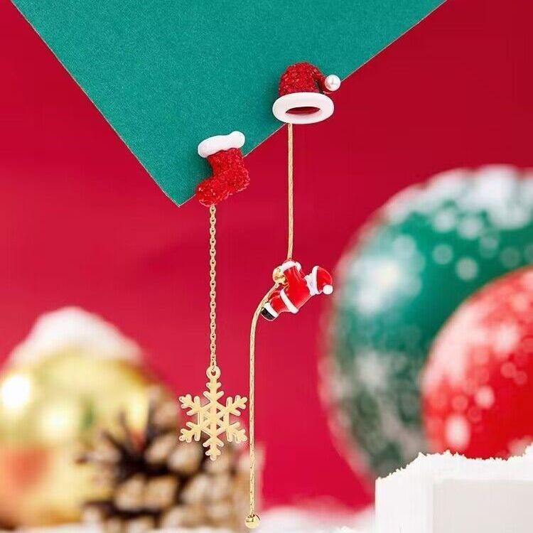 Whimsical Gold-Tone Christmas Holiday Party Climbing Santa Mismatch Long Dangle Earrings-Snowflake-Theone Apparel